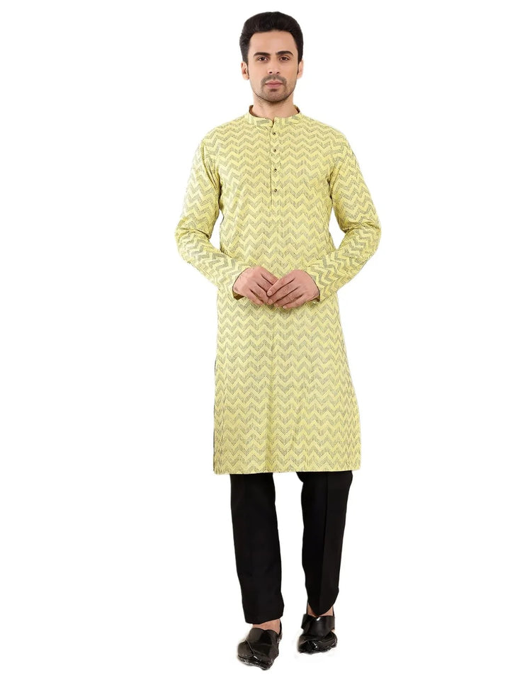 Men's Elegant Yellow Straight Cotton Kurta with Embroidery,Black solid trouser style churidar