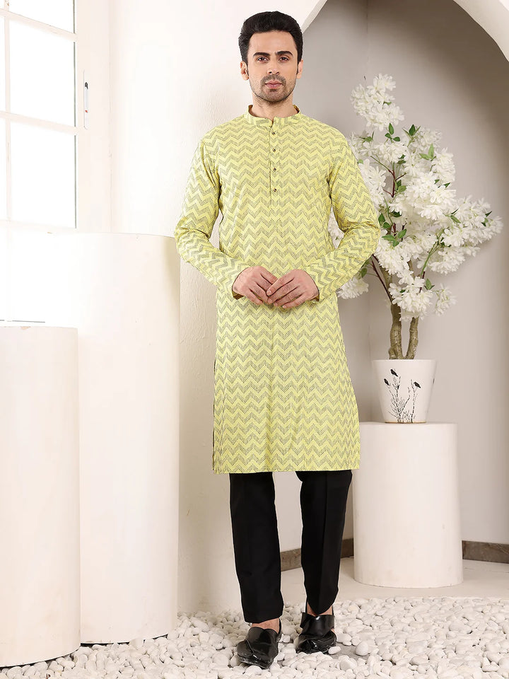 Men's Elegant Yellow Straight Cotton Kurta with Embroidery,Black solid trouser style churidar