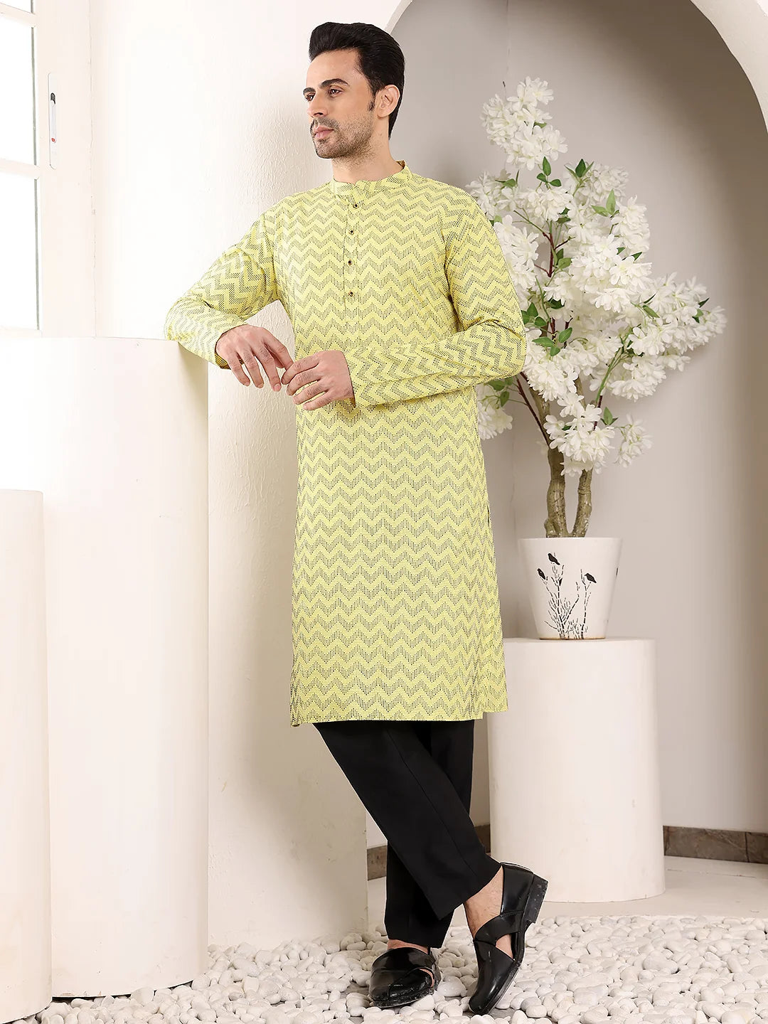 Men's Elegant Yellow Straight Cotton Kurta with Embroidery,Black solid trouser style churidar