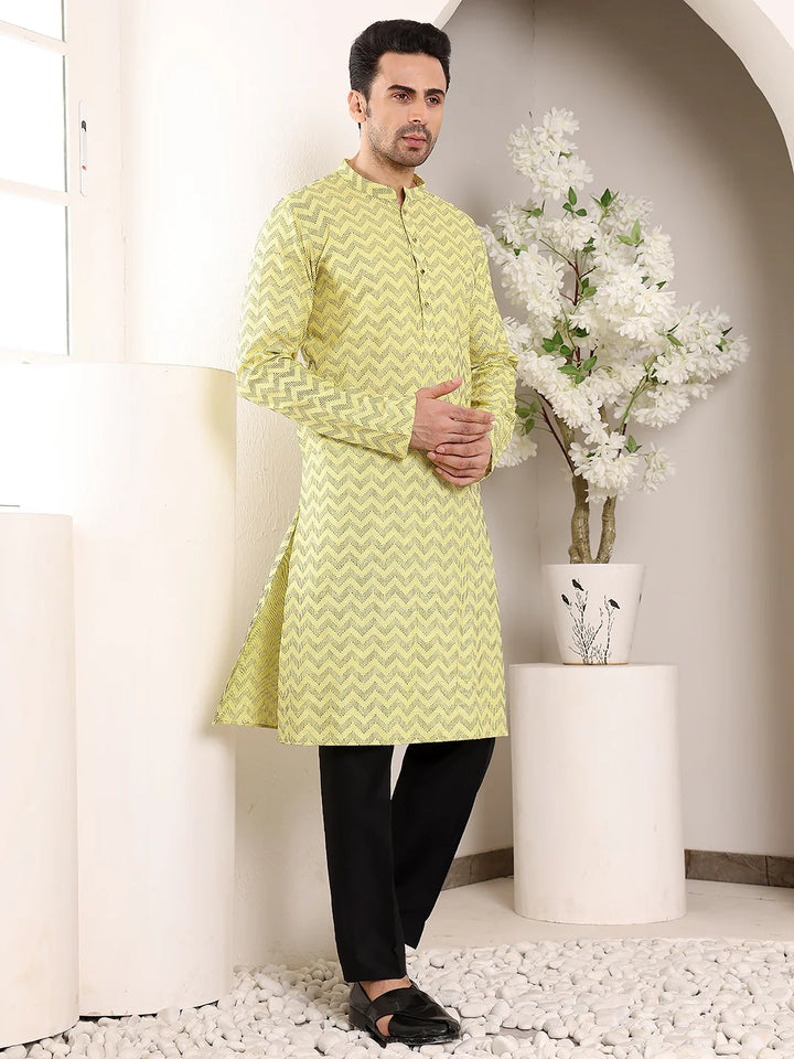 Men's Elegant Yellow Straight Cotton Kurta with Embroidery,Black solid trouser style churidar