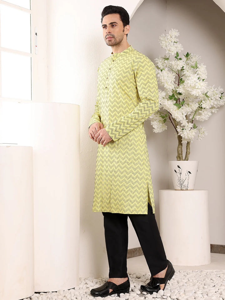 Men's Elegant Yellow Straight Cotton Kurta with Embroidery,Black solid trouser style churidar