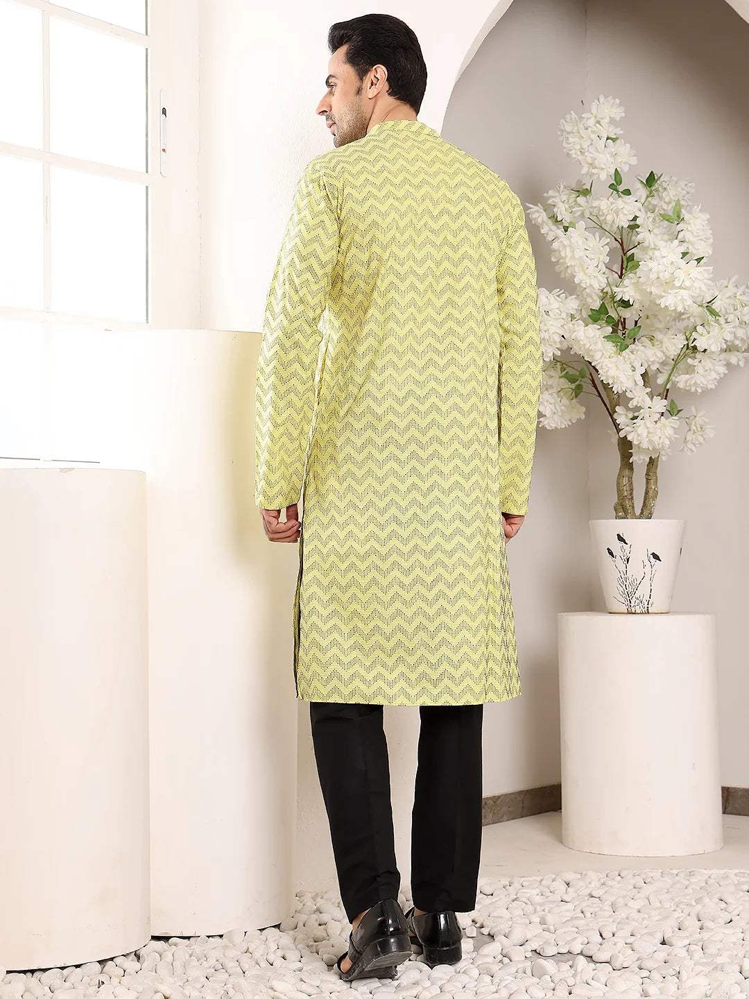 Men's Elegant Yellow Straight Cotton Kurta with Embroidery,Black solid trouser style churidar