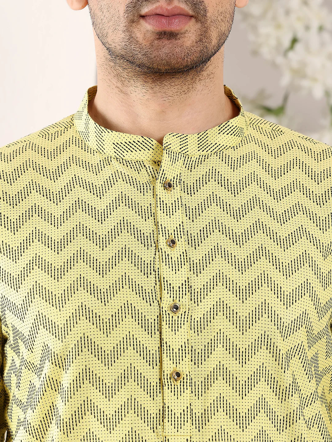 Men's Elegant Yellow Straight Cotton Kurta with Embroidery,Black solid trouser style churidar