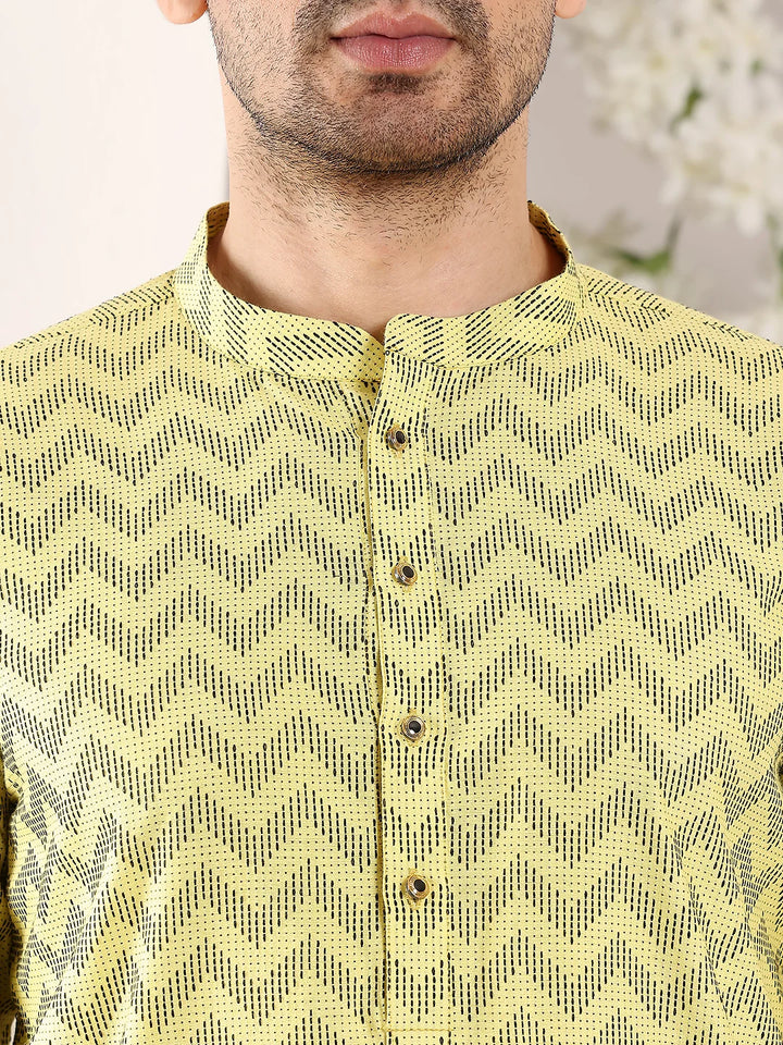 Men's Elegant Yellow Straight Cotton Kurta with Embroidery,Black solid trouser style churidar