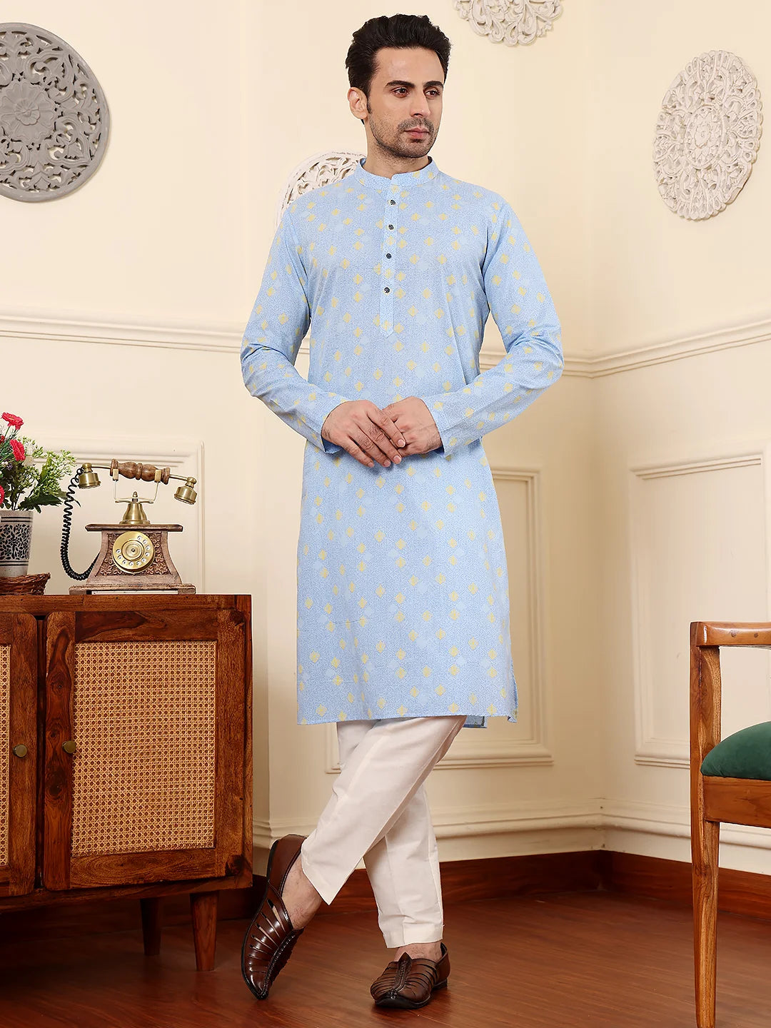 Men's Elegant Blue Printed Straight Cotton kurta,Cream solid trouser style churidar