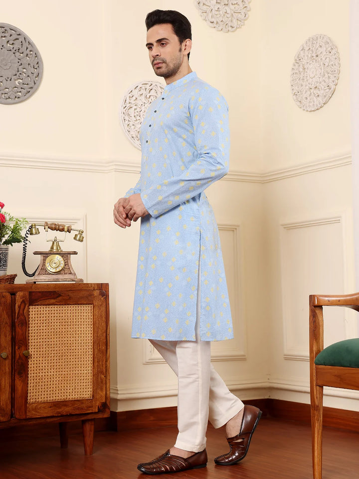 Men's Elegant Blue Printed Straight Cotton kurta,Cream solid trouser style churidar