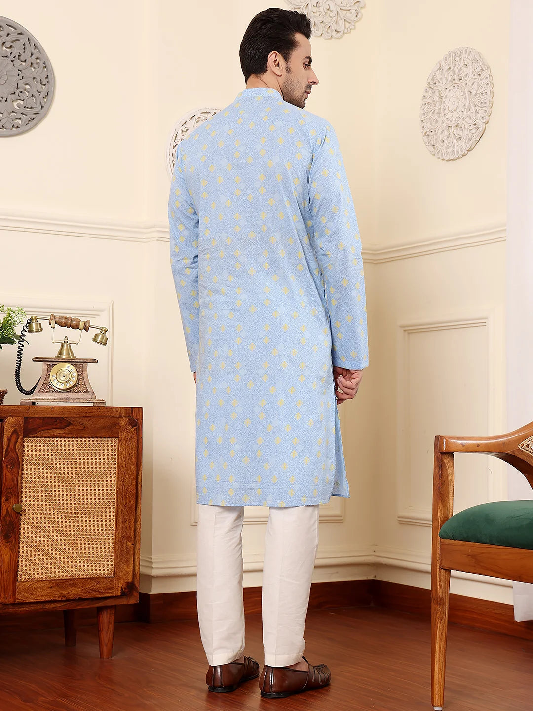 Men's Elegant Blue Printed Straight Cotton kurta,Cream solid trouser style churidar