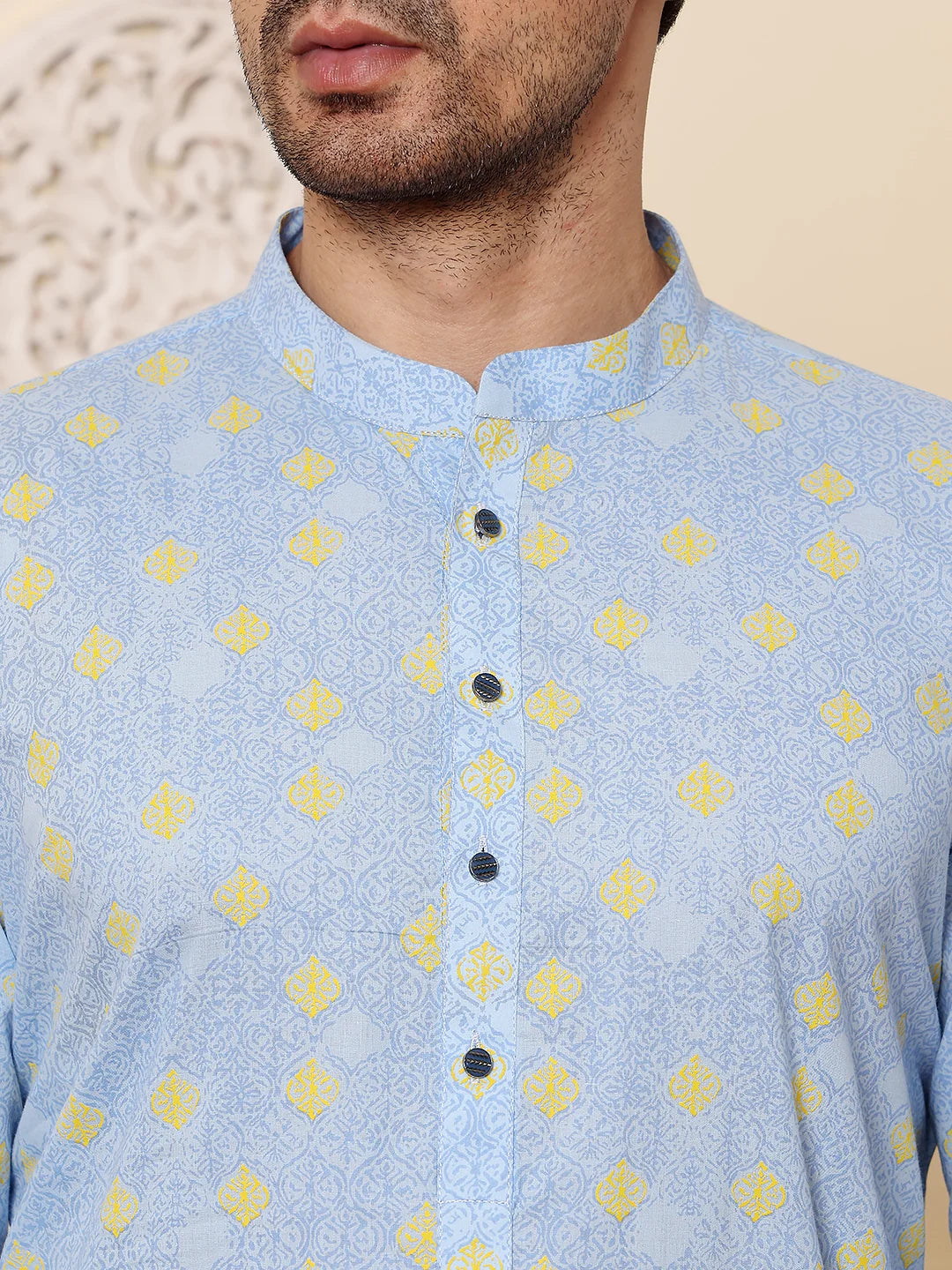 Men's Elegant Blue Printed Straight Cotton kurta,Cream solid trouser style churidar