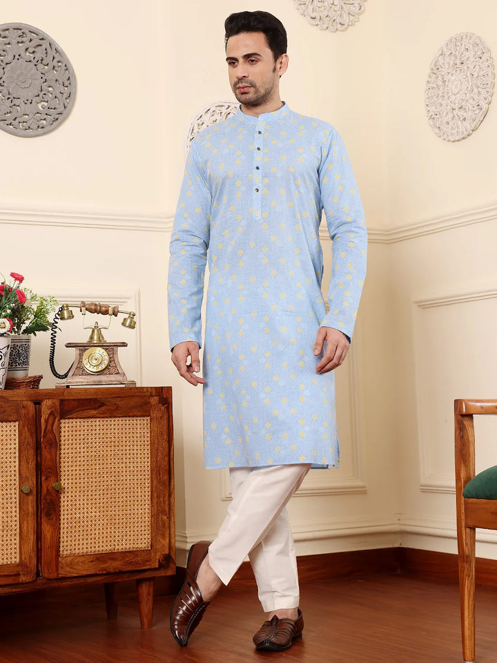 Men's Elegant Blue Printed Straight Cotton kurta,Cream solid trouser style churidar