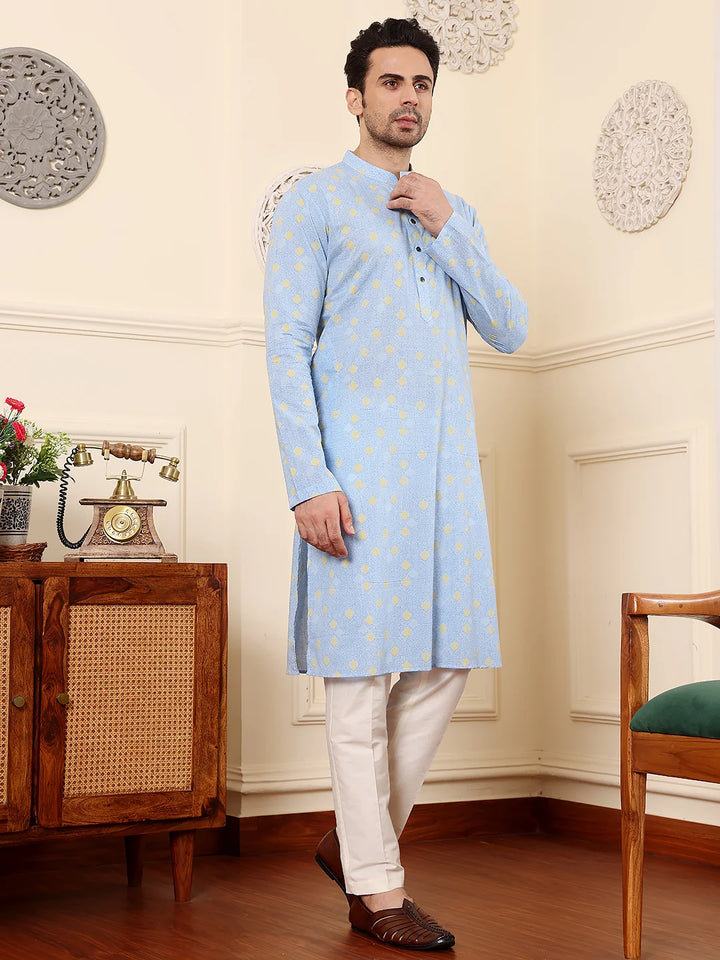 Men's Elegant Blue Printed Straight Cotton kurta,Cream solid trouser style churidar