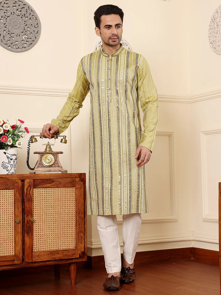 Men's Ethnic Straight Light Green Viscose Silk Kurta with embroidery,Cream solid trouser style churidar
