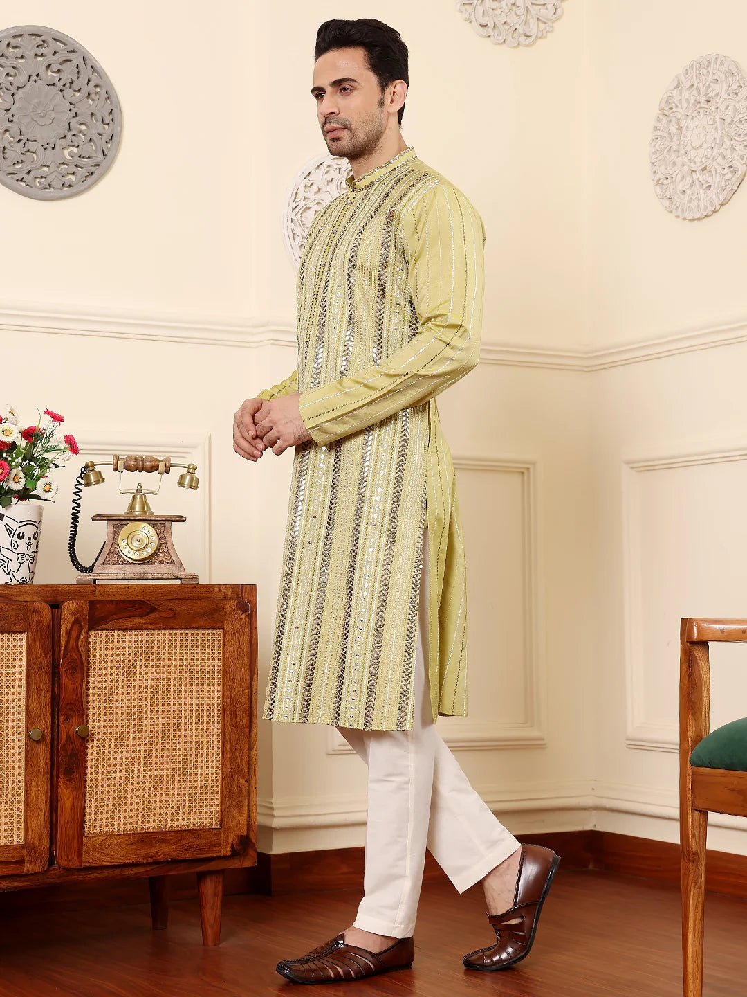 Men's Ethnic Straight Light Green Viscose Silk Kurta with embroidery,Cream solid trouser style churidar