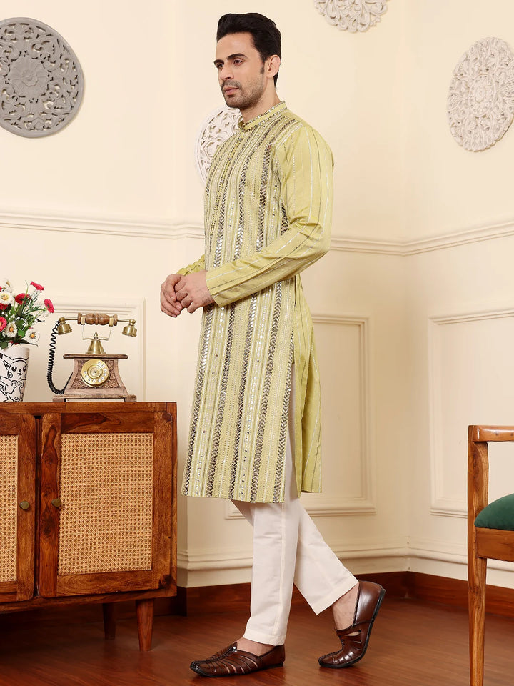 Men's Ethnic Straight Light Green Viscose Silk Kurta with embroidery,Cream solid trouser style churidar
