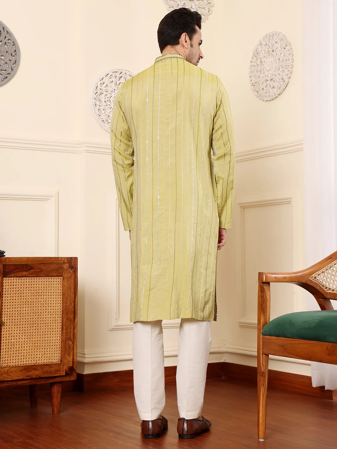 Men's Ethnic Straight Light Green Viscose Silk Kurta with embroidery,Cream solid trouser style churidar