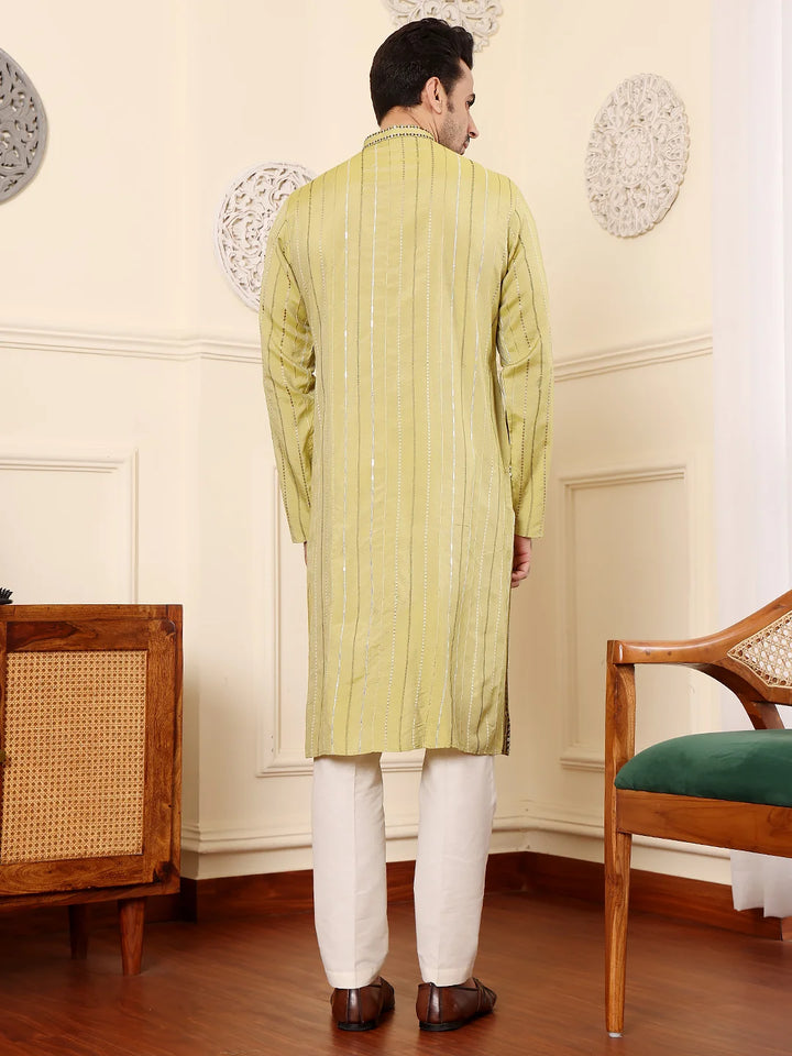Men's Ethnic Straight Light Green Viscose Silk Kurta with embroidery,Cream solid trouser style churidar