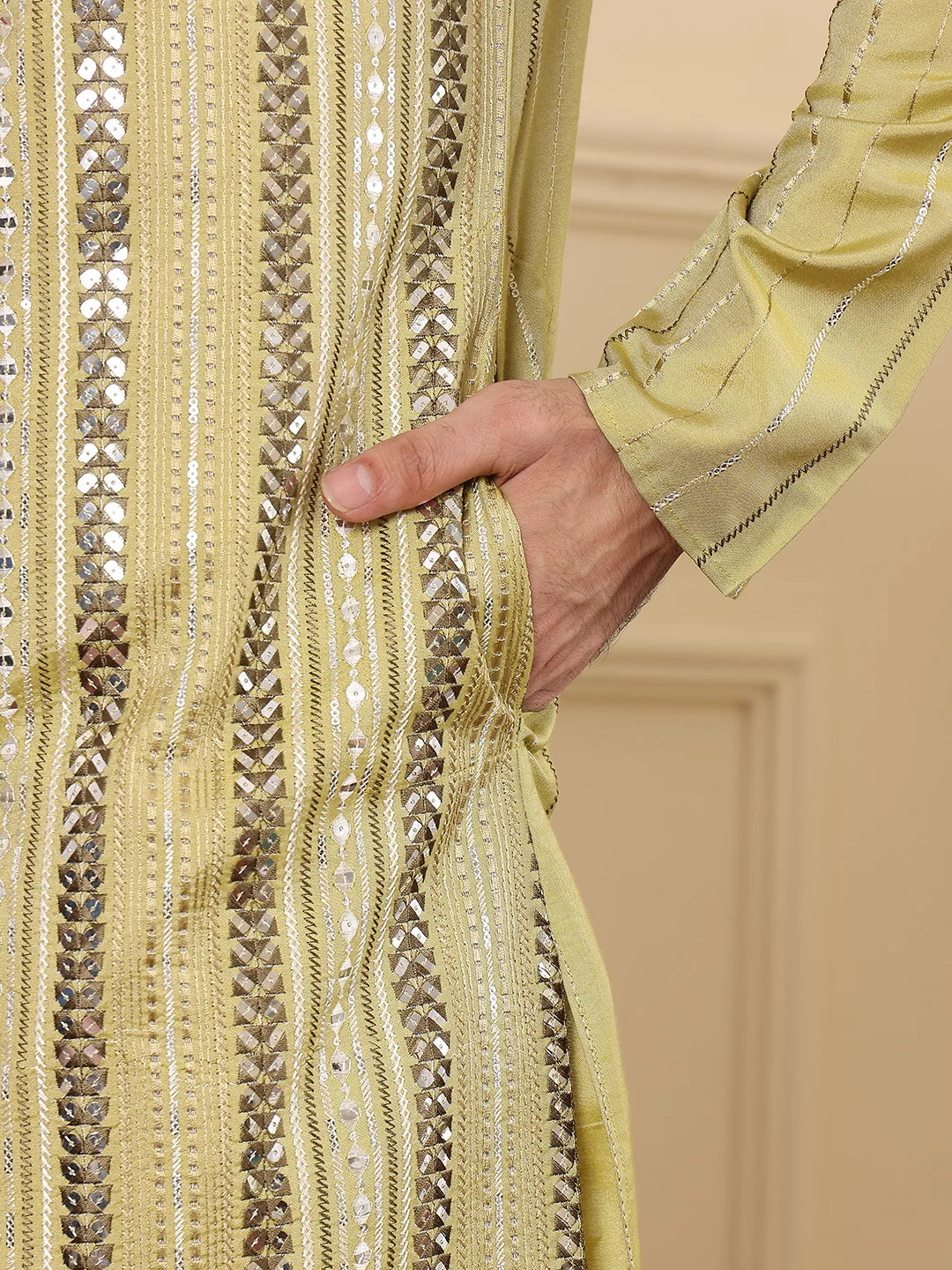 Men's Ethnic Straight Light Green Viscose Silk Kurta with embroidery,Cream solid trouser style churidar
