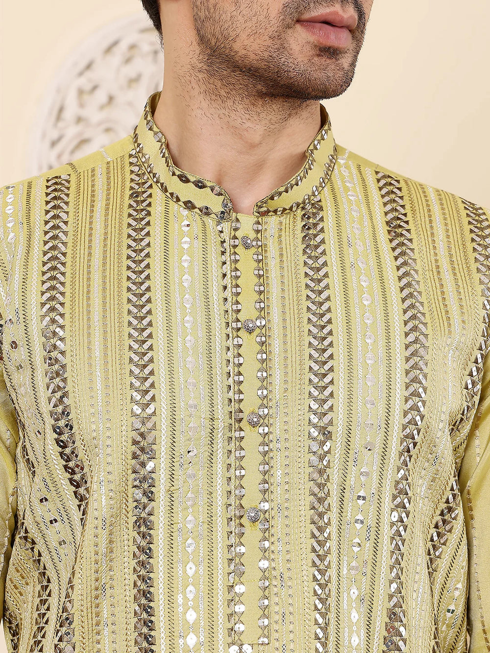 Men's Long Sleeve Mandarin Collar Ethnic Straight Light Green Viscose Silk Kurta with Embroidery – Light Green