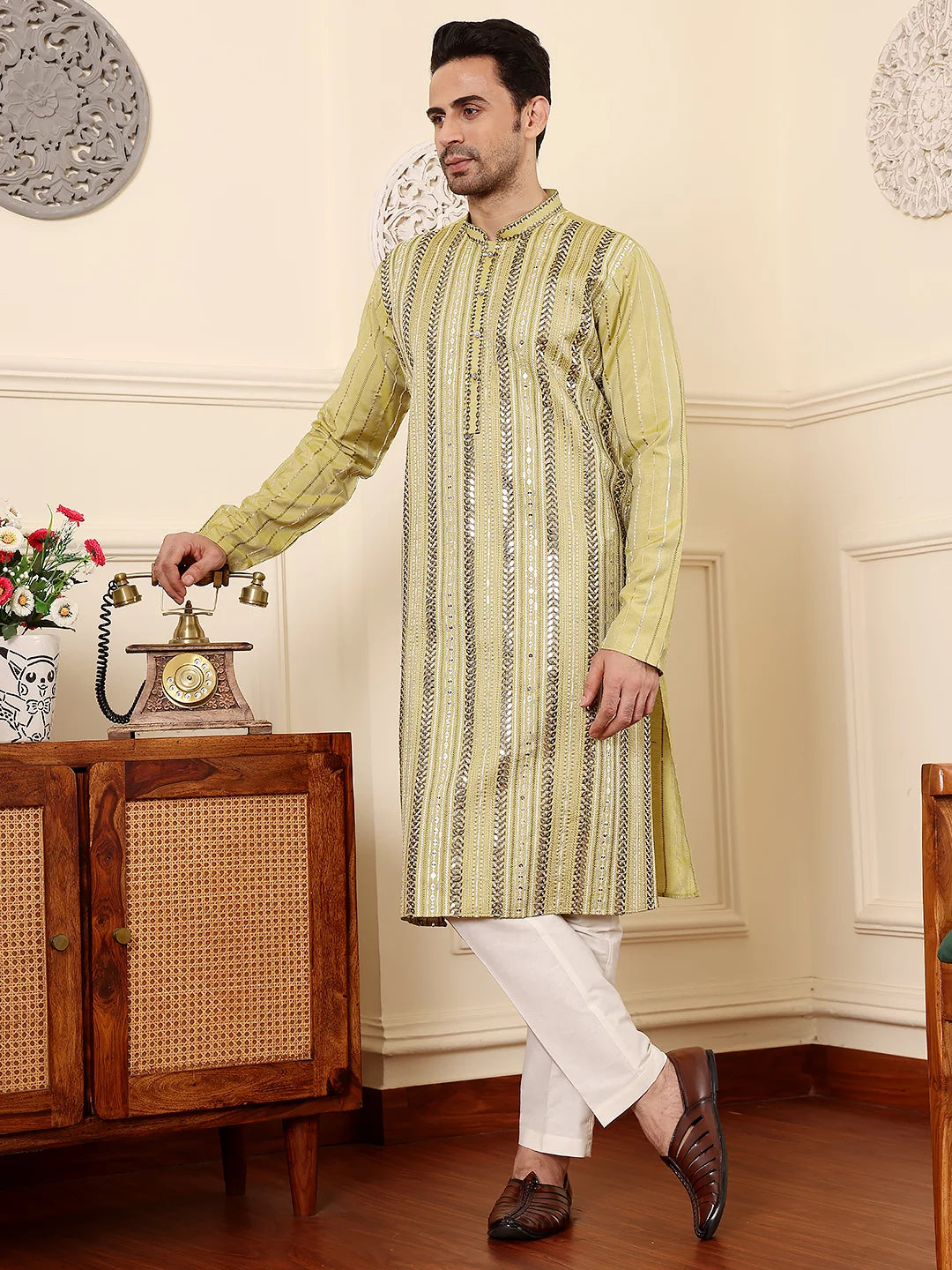 Men's Ethnic Straight Light Green Viscose Silk Kurta with embroidery,Cream solid trouser style churidar