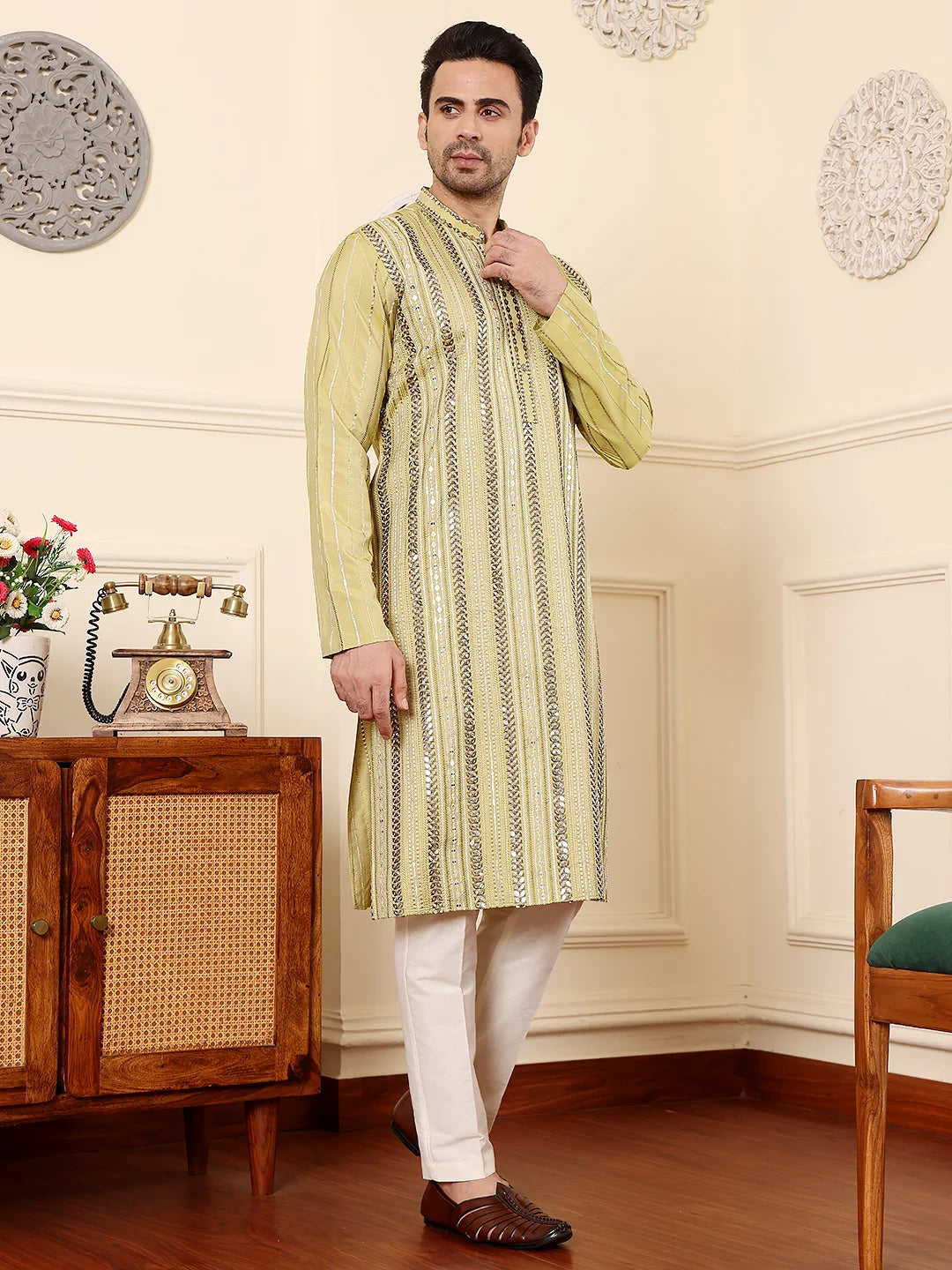 Men's Ethnic Straight Light Green Viscose Silk Kurta with embroidery,Cream solid trouser style churidar