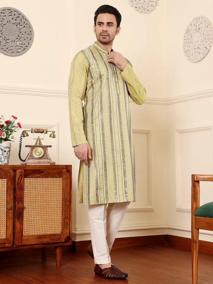 Men's Ethnic Straight Light Green Viscose Silk Kurta with embroidery,Cream solid trouser style churidar
