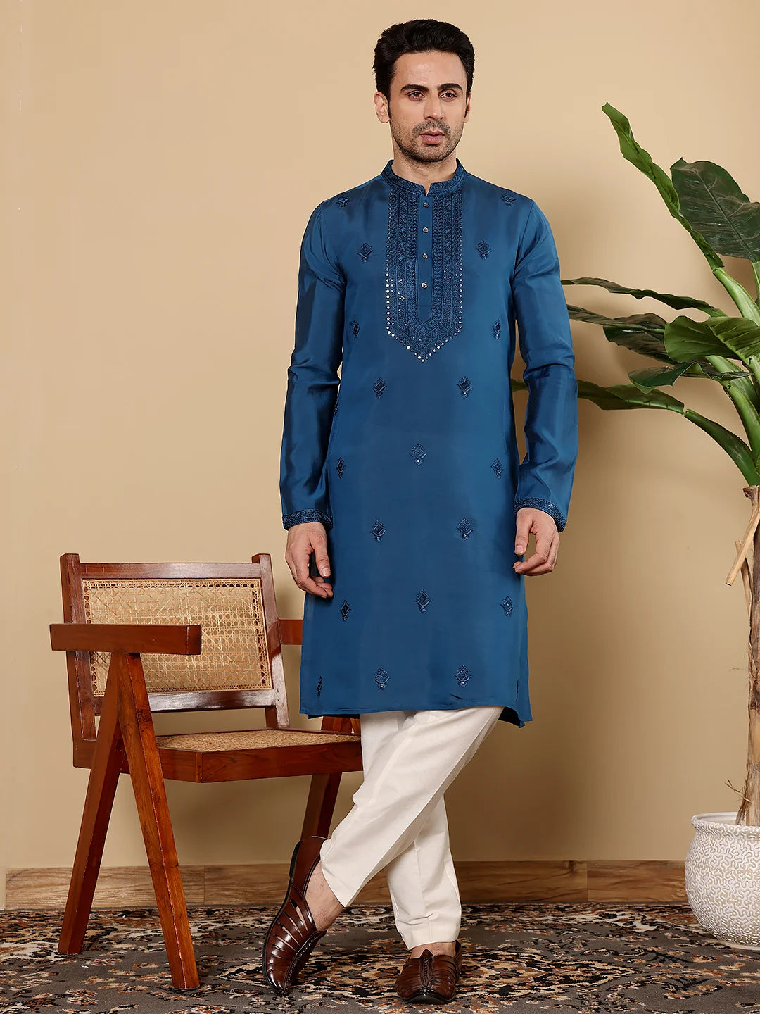 Men's Blue Straight Viscose Silk Kurta with Embroidered Neckline and Motifs,Off White solid trouser style churidar