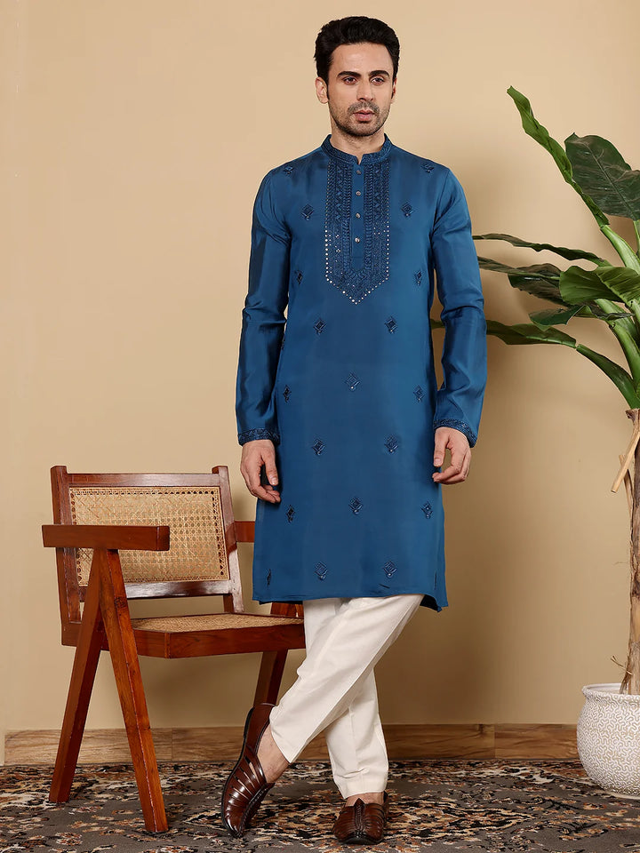 Men's Blue Straight Viscose Silk Kurta with Embroidered Neckline and Motifs,Off White solid trouser style churidar