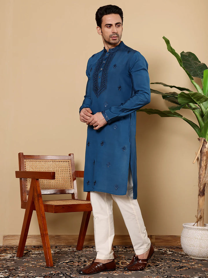 Men's Blue Straight Viscose Silk Kurta with Embroidered Neckline and Motifs,Off White solid trouser style churidar