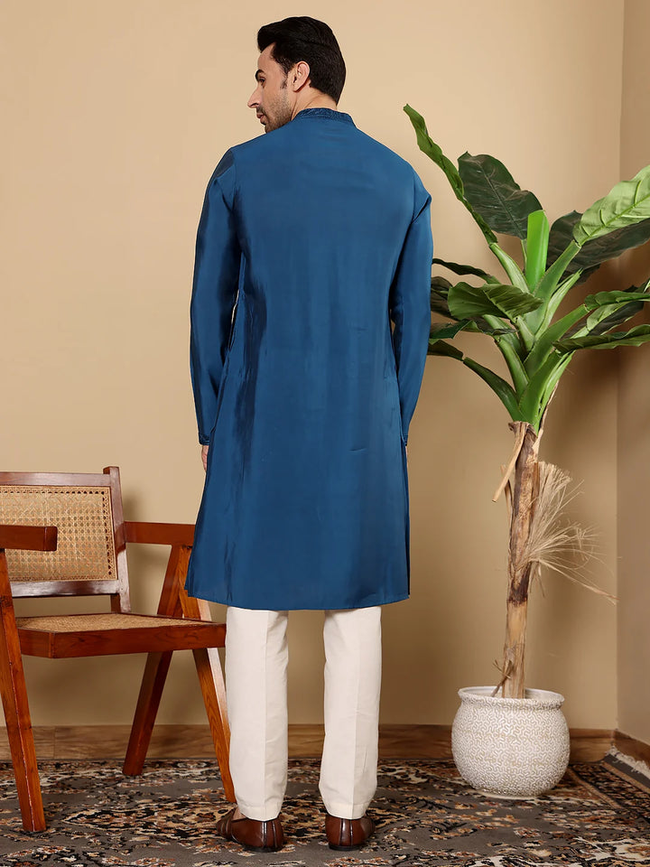 Men's Blue Straight Viscose Silk Kurta with Embroidered Neckline and Motifs,Off White solid trouser style churidar