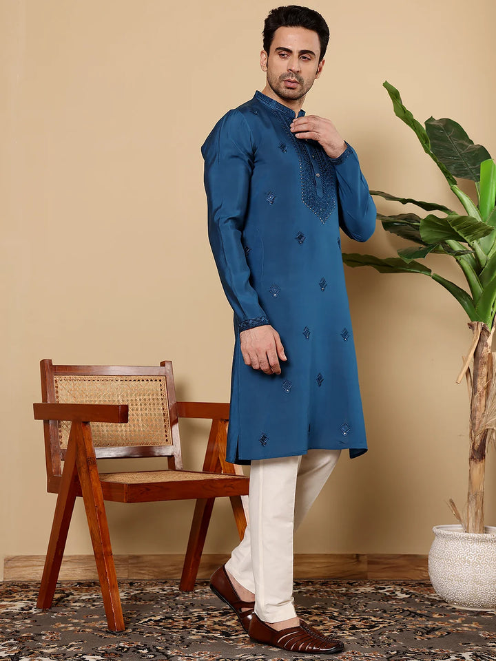 Men's Blue Straight Viscose Silk Kurta with Embroidered Neckline and Motifs,Off White solid trouser style churidar