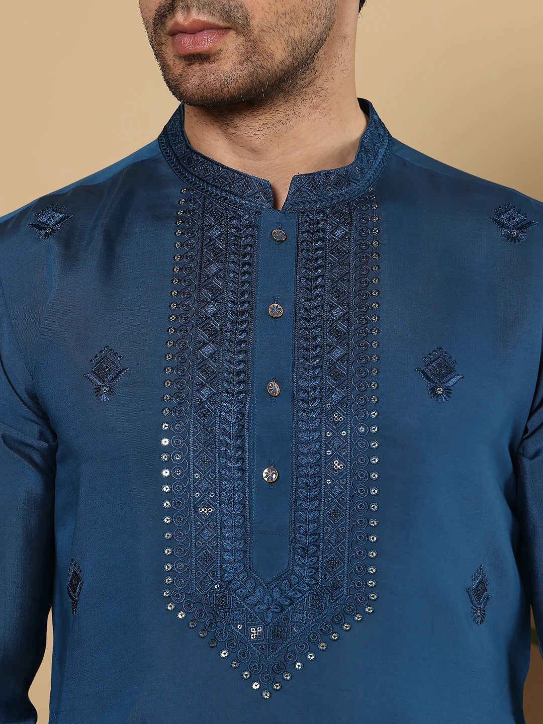 Men's Blue Straight Viscose Silk Kurta with Embroidered Neckline and Motifs,Off White solid trouser style churidar