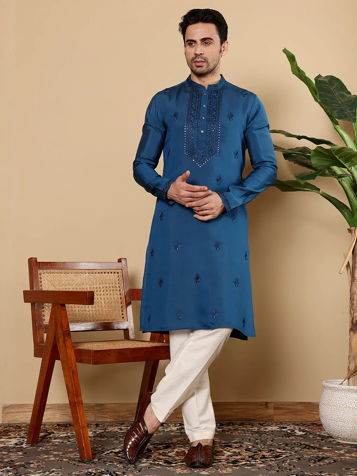 Men's Blue Straight Viscose Silk Kurta with Embroidered Neckline and Motifs,Off White solid trouser style churidar