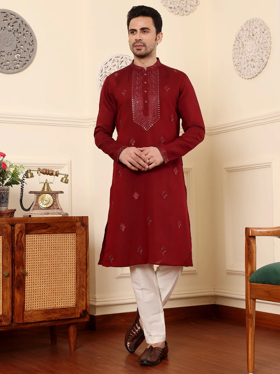 Men's Dark Red Straight Viscose Silk Kurta with Embroidered Neckline and Motifs,Off White solid trouser style churidar