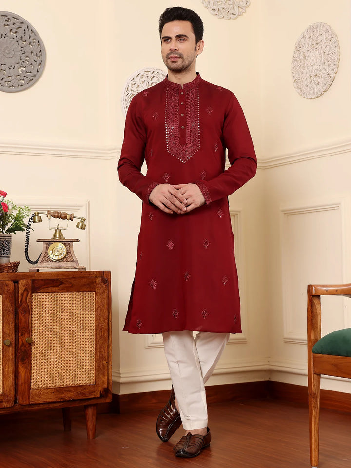 Men's Dark Red Straight Viscose Silk Kurta with Embroidered Neckline and Motifs,Off White solid trouser style churidar