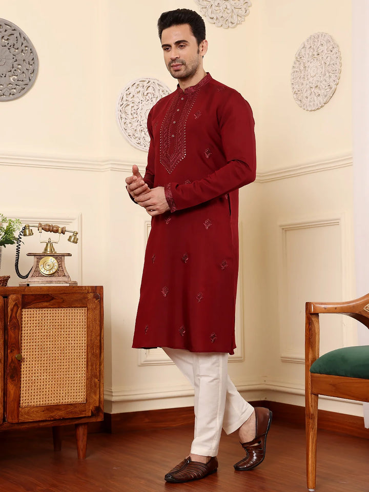 Men's Dark Red Straight Viscose Silk Kurta with Embroidered Neckline and Motifs,Off White solid trouser style churidar