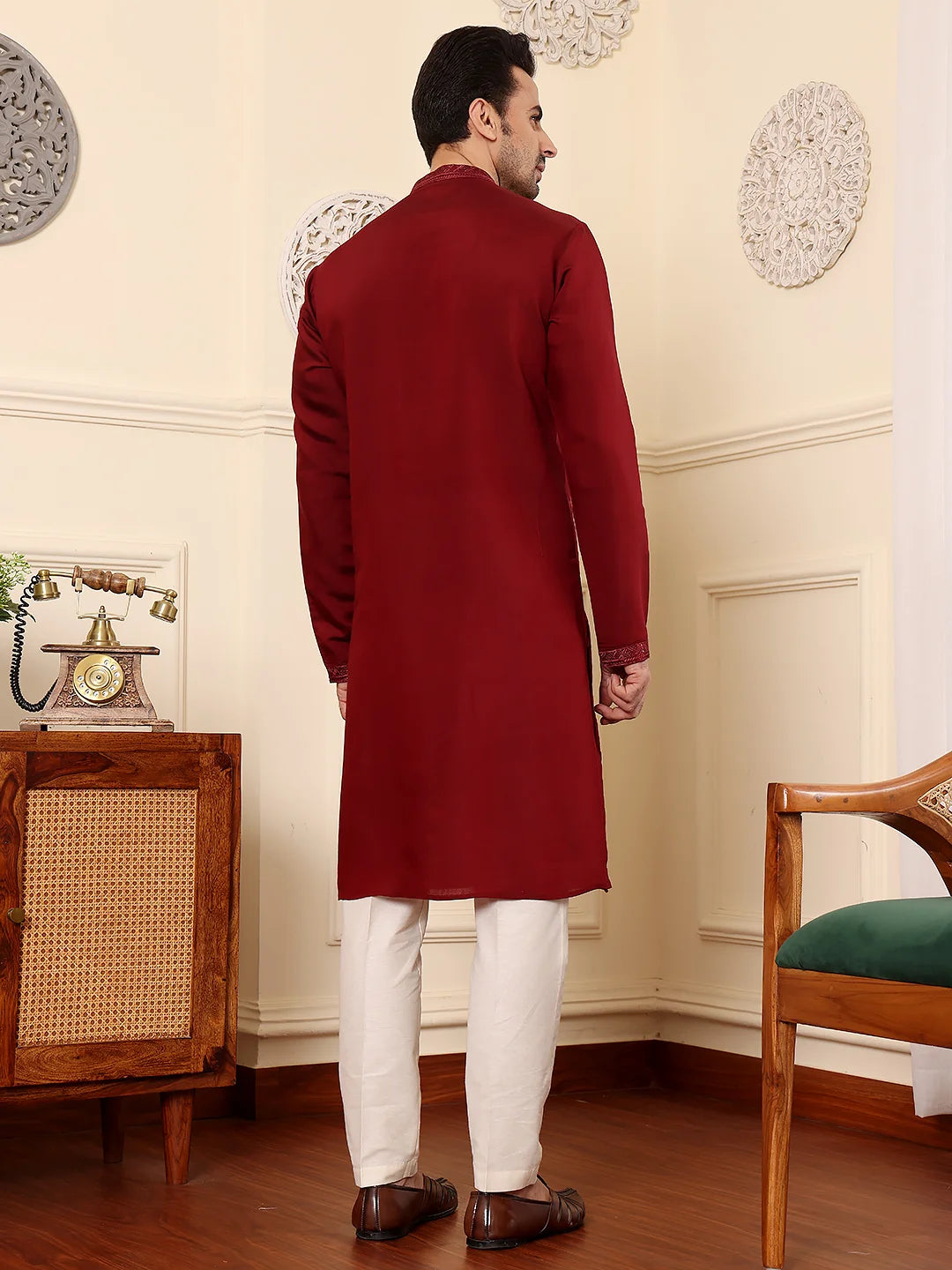 Men's Dark Red Straight Viscose Silk Kurta with Embroidered Neckline and Motifs,Off White solid trouser style churidar