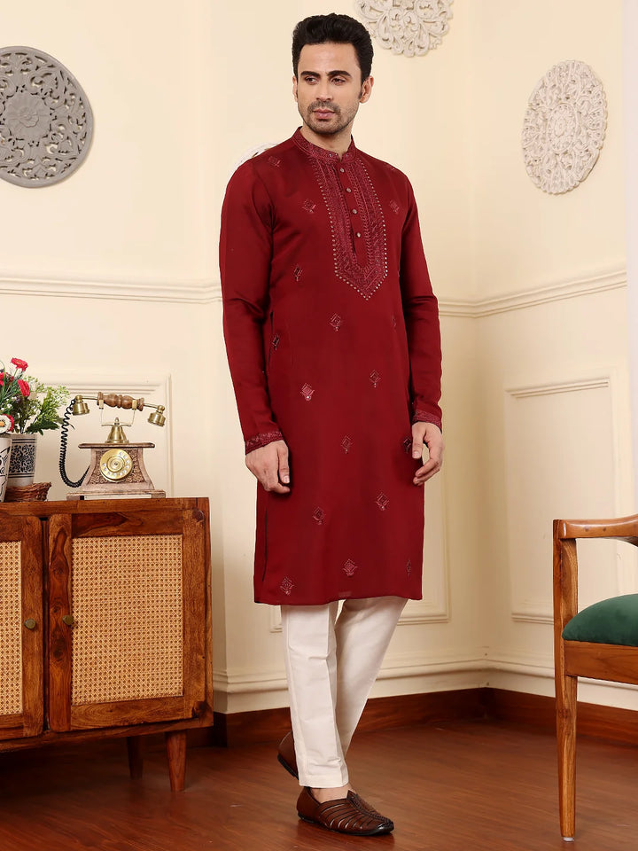 Men's Dark Red Straight Viscose Silk Kurta with Embroidered Neckline and Motifs,Off White solid trouser style churidar