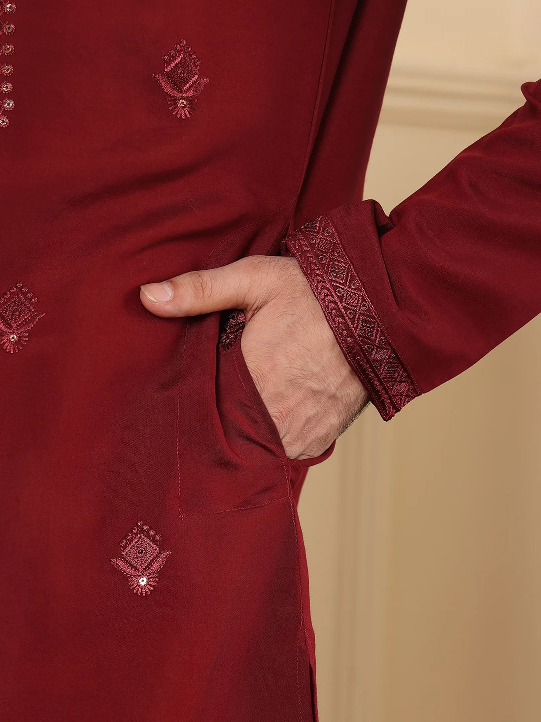 Men's Dark Red Straight Viscose Silk Kurta with Embroidered Neckline and Motifs,Off White solid trouser style churidar