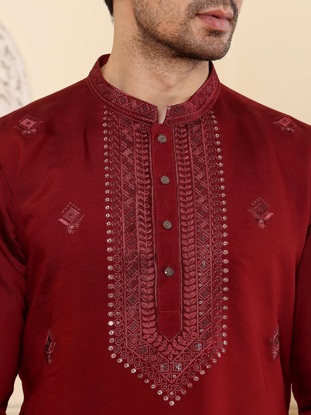 Men's Long Sleeve Mandarin Collar Dark Red Straight Viscose Silk Kurta with Embroidered Neckline and Motifs – Maroon