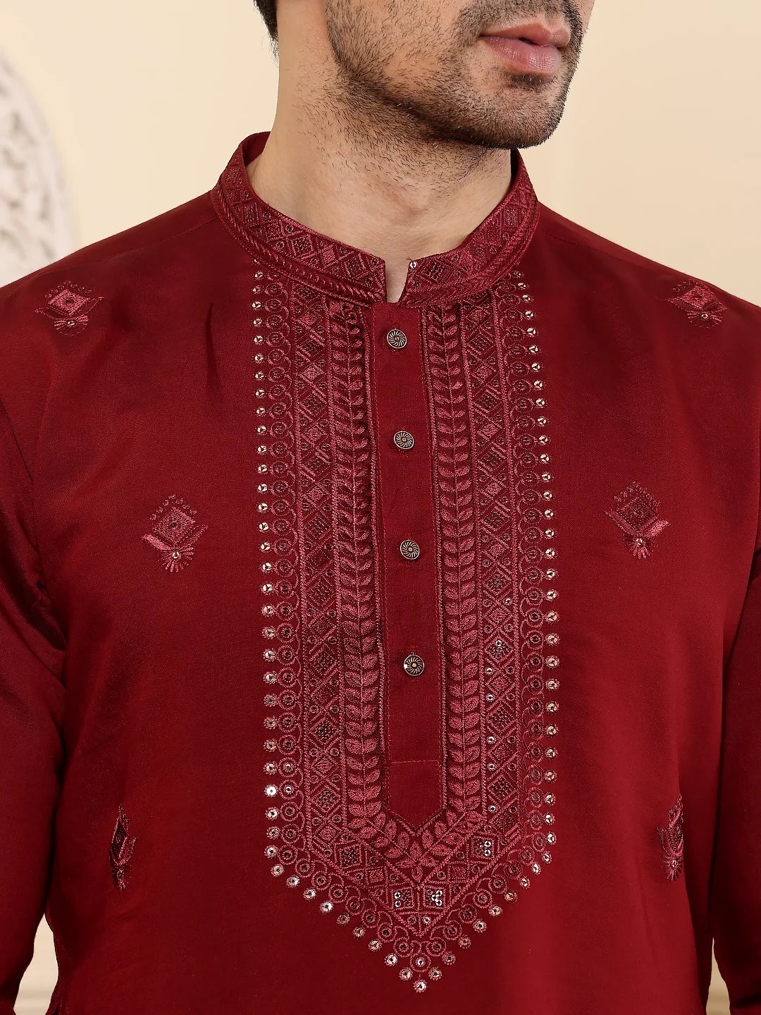 Men's Dark Red Straight Viscose Silk Kurta with Embroidered Neckline and Motifs,Off White solid trouser style churidar