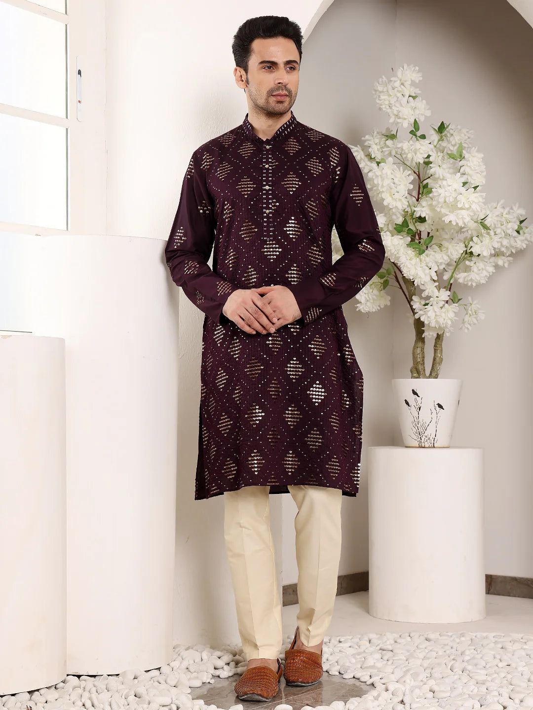 Men's Elegant Purple Straight Viscose Kurta with Embroidery,Cream Solid Trouser Style churidar
