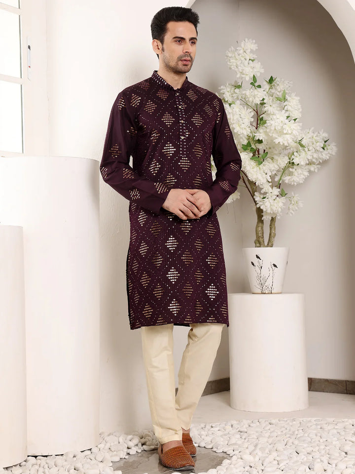 Men's Elegant Purple Straight Viscose Kurta with Embroidery,Cream Solid Trouser Style churidar