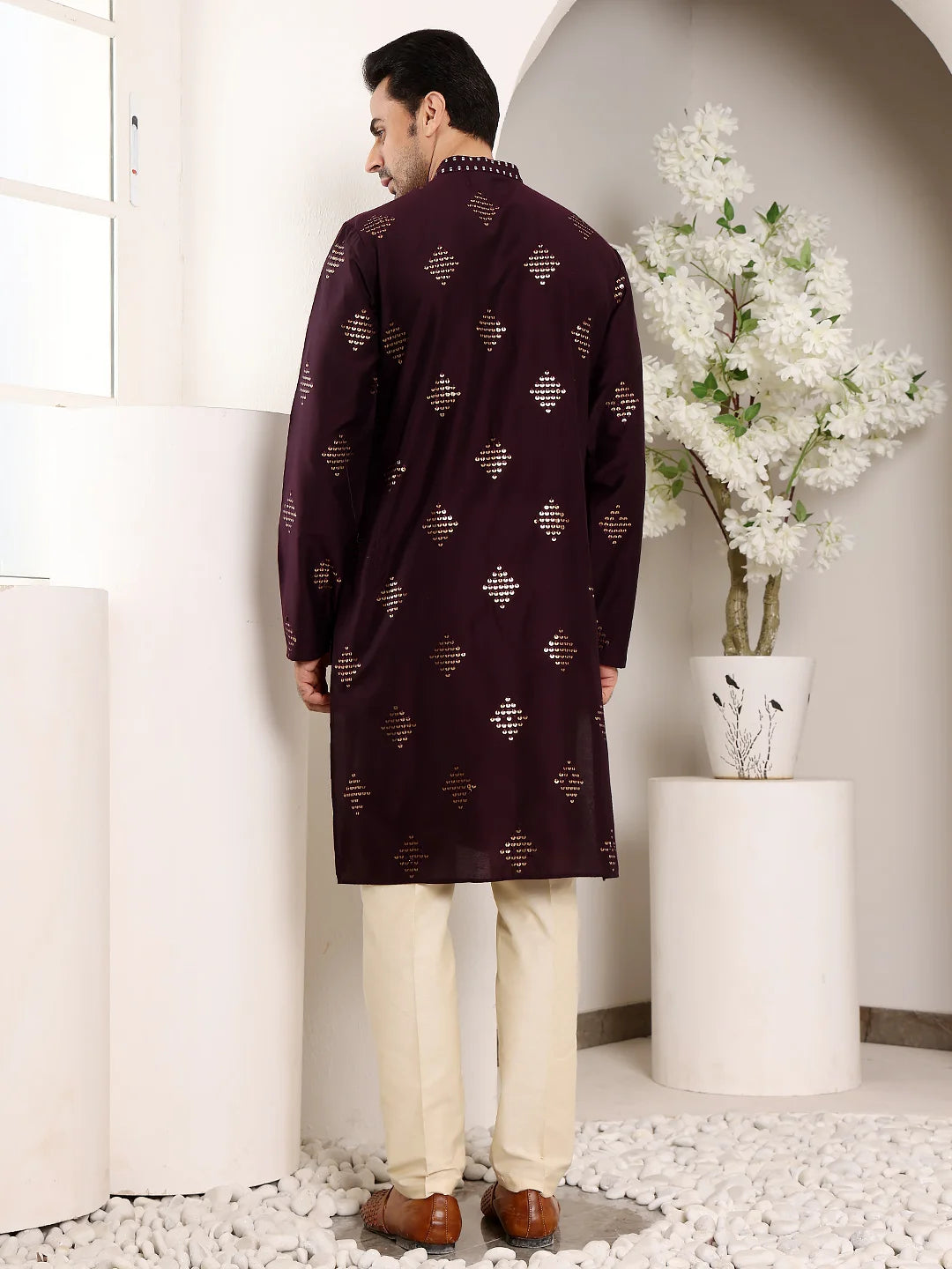 Men's Elegant Purple Straight Viscose Kurta with Embroidery,Cream Solid Trouser Style churidar
