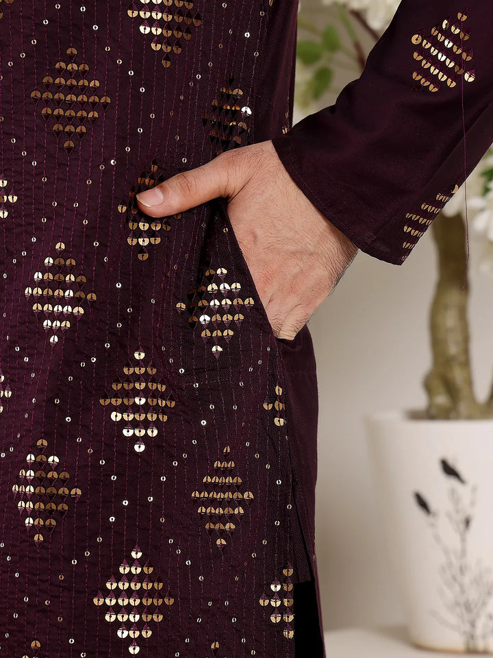 Men's Elegant Purple Straight Viscose Kurta with Embroidery,Cream Solid Trouser Style churidar