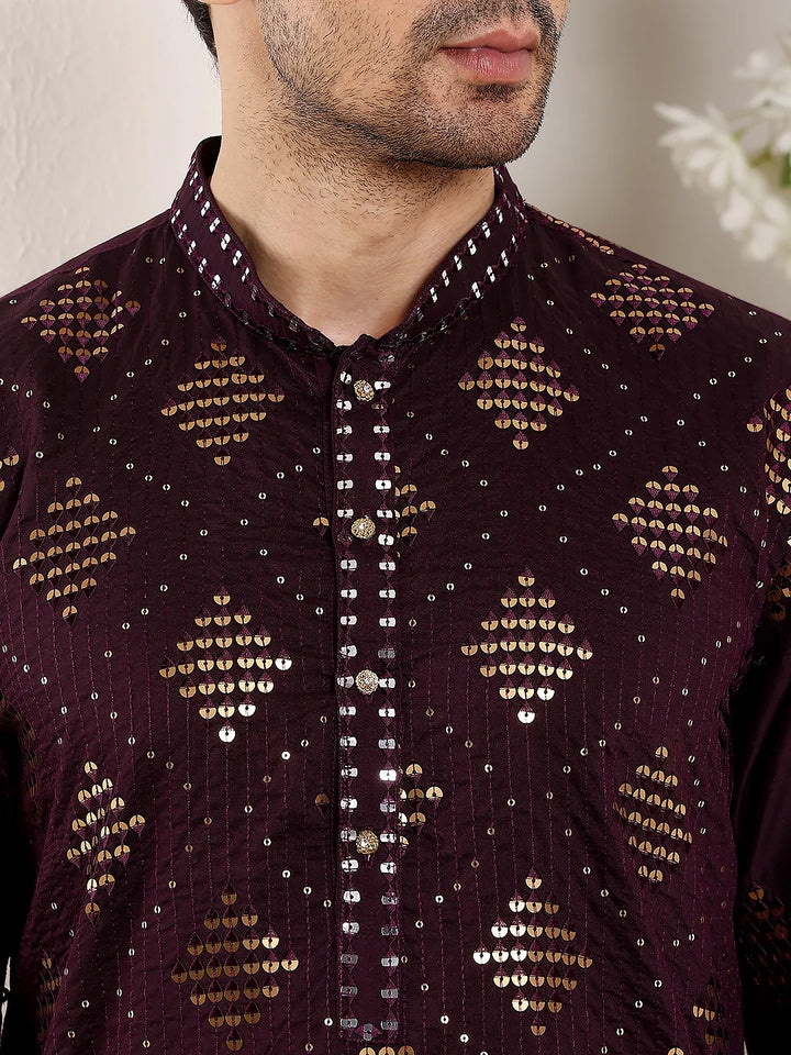 Men's Elegant Purple Straight Viscose Kurta with Embroidery,Cream Solid Trouser Style churidar