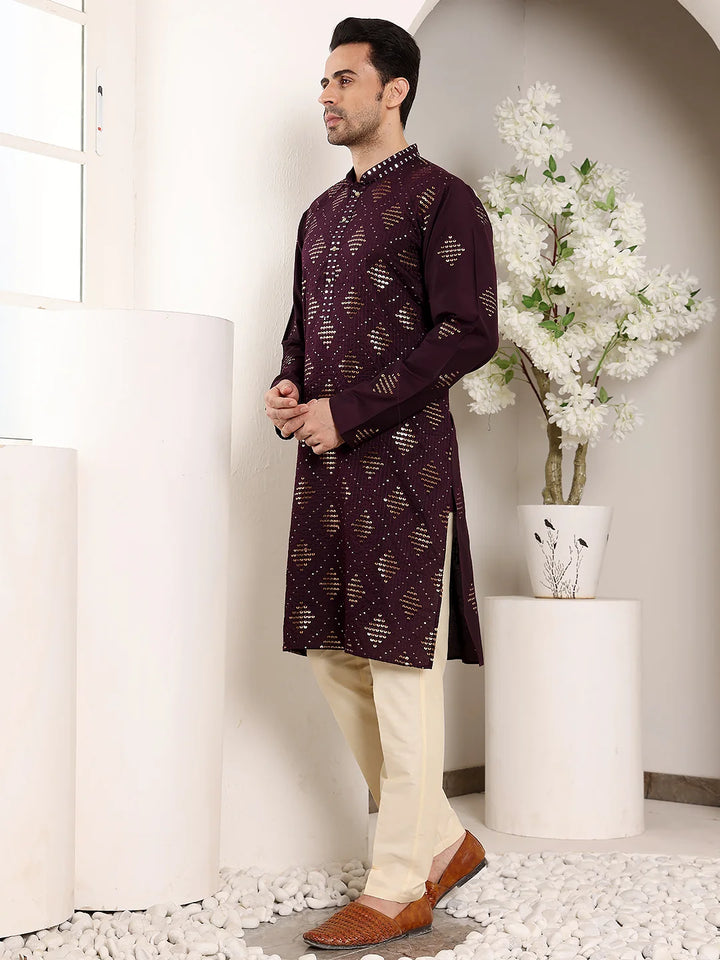Men's Elegant Purple Straight Viscose Kurta with Embroidery,Cream Solid Trouser Style churidar