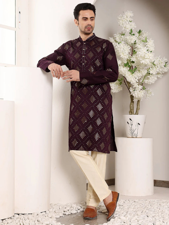 Men's Elegant Purple Straight Viscose Kurta with Embroidery,Cream Solid Trouser Style churidar