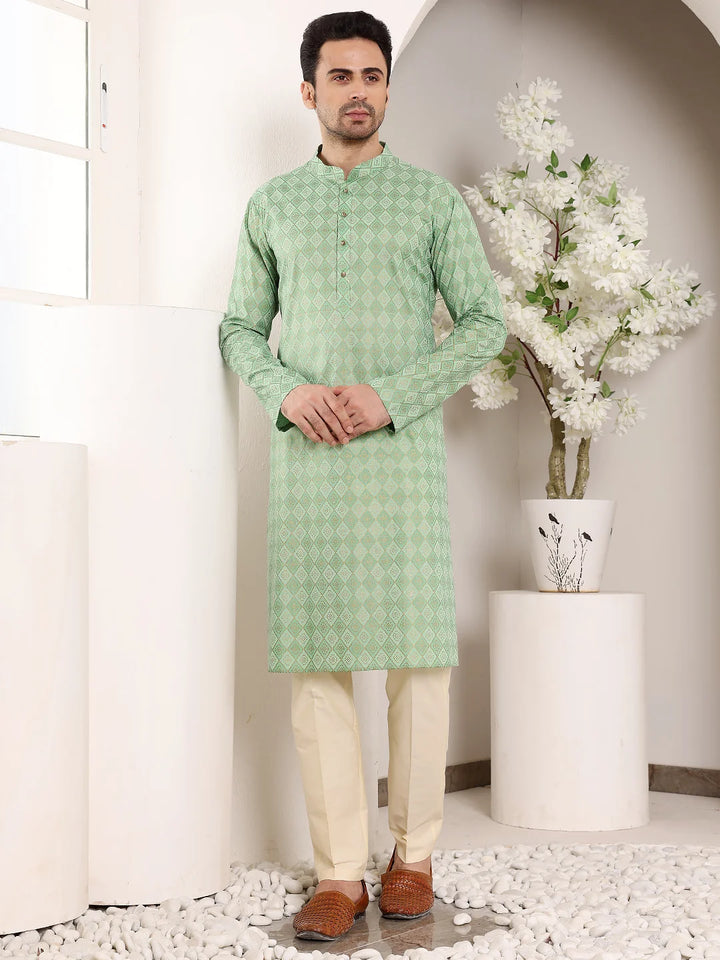Men's Elegant Printed Sea Green Straight Cotton Kurta,Cream solid trouser style churidar