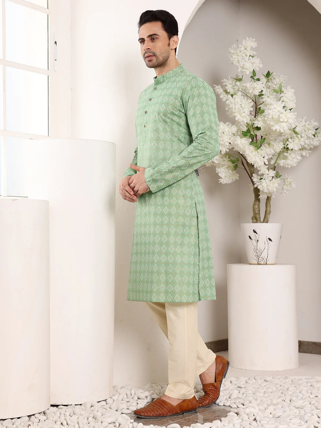 Men's Elegant Printed Sea Green Straight Cotton Kurta,Cream solid trouser style churidar