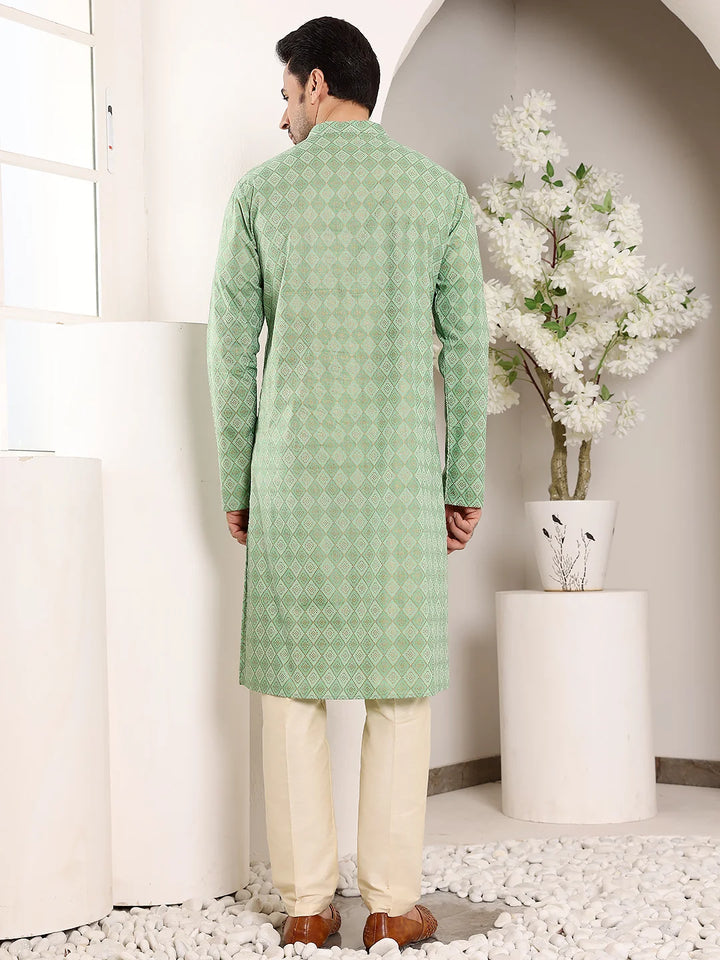 Men's Elegant Printed Sea Green Straight Cotton Kurta,Cream solid trouser style churidar