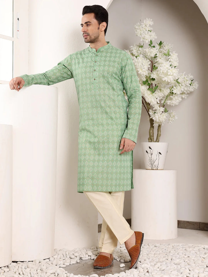 Men's Elegant Printed Sea Green Straight Cotton Kurta,Cream solid trouser style churidar
